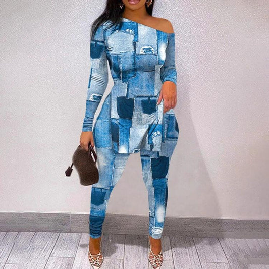 Traje de blusa de manga larga con dobladillo hendido y estampado floral de letras nuevas para mujer de otoño e invierno