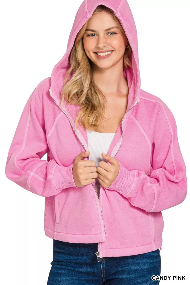 Zenana Fleece Pigment Dye Zip Up Hoodie with Pockets in Candy
