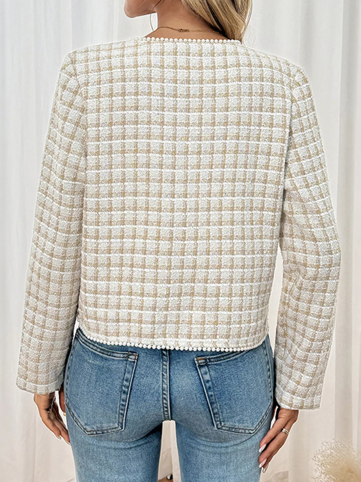 Pearl Trim Button Up Tweed Outerwear