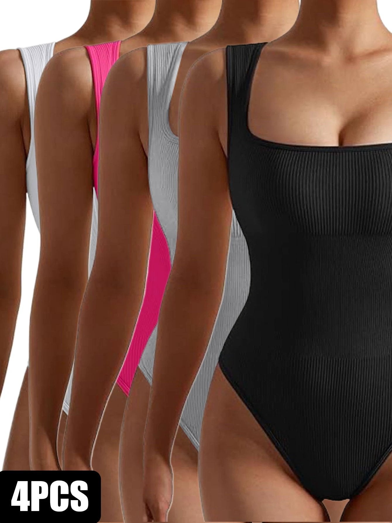 4 Pack Women body suit  One Piece Bodycon Unitards Tummy Control Bodysuit Square neck