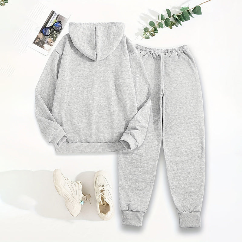 Conjunto Sólido de 2 Piezas para Mujer, Sudadera con Capucha y Bolsillo con Estampado de Letras