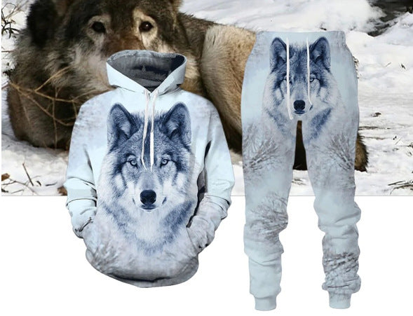 Traje de sudadera con capucha y pantalones con estampado digital de lobo para hombres y mujeres
