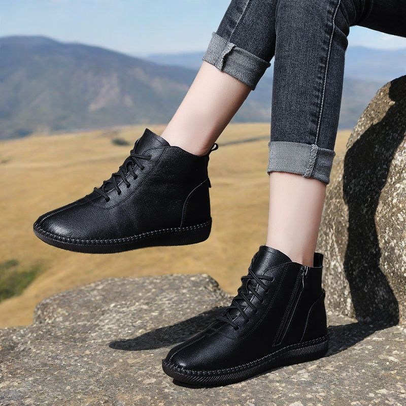 Botines planos de cuero genuino de suela blanda para mujer