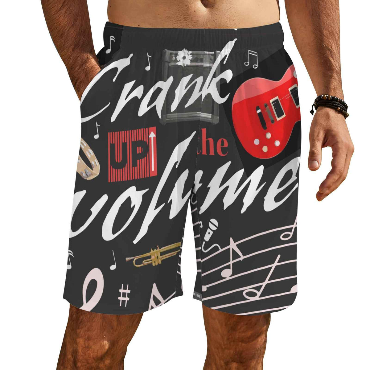Crank Up the Volume Men's All Over Print Elastic Beach Shorts