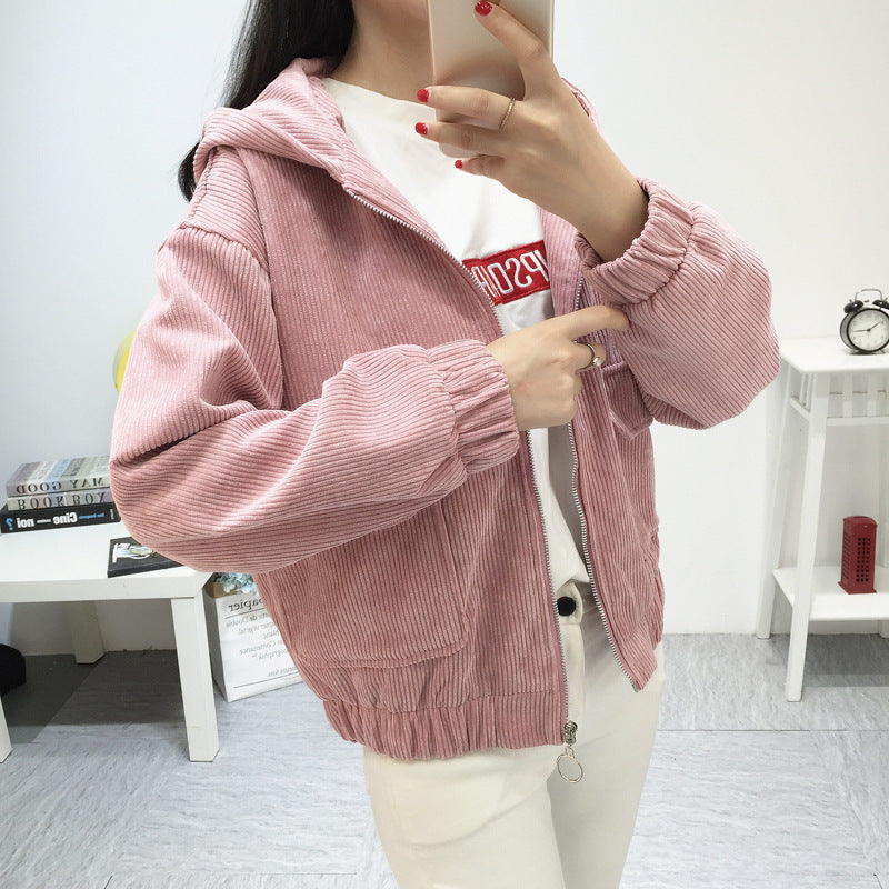 New Korean-style Hooded Corduroy Jacket, Short & Thick