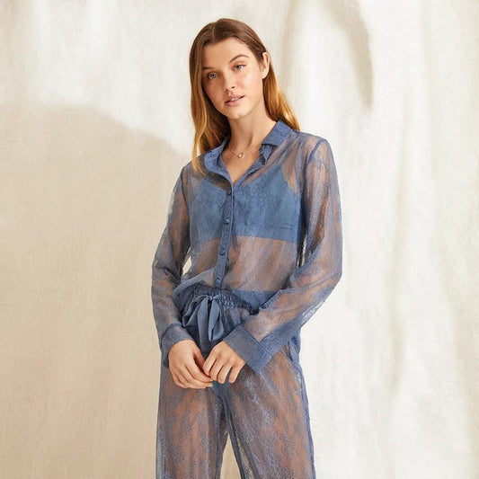 Vestido de encaje europeo y americano transparente de manga larga con solapa, sexy, de gasa, pijama para mujer