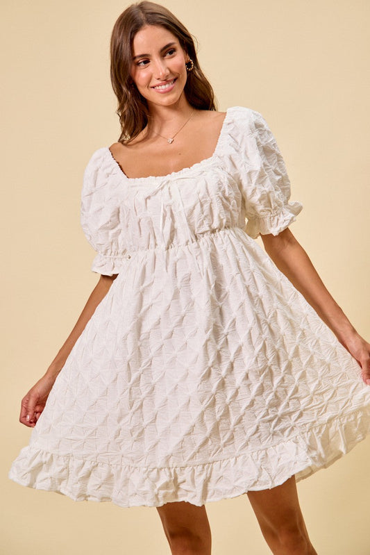 SO ME Texture Woven Ruching On Bust Mini Dress in White