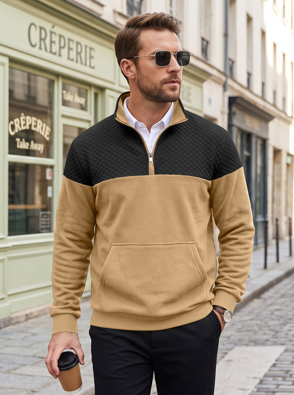 Cross Border American Men's Waffle Casual Stand Collar Zipper Pullover Small Square Long Sleeve Sweater TK Rhombus Jacket