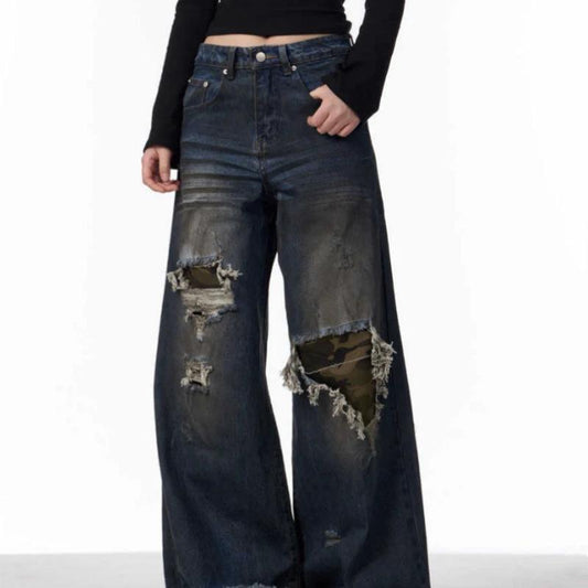 Vaqueros rotos con parches de camuflaje desgastados para mujer, pantalones de pernera recta ancha holgados