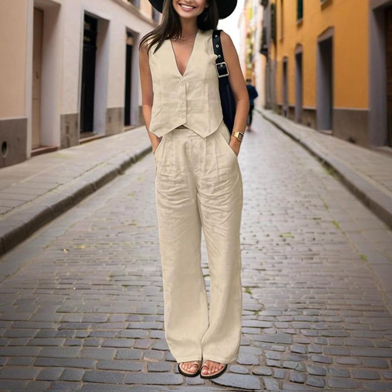 Conjunto de chaleco con botones y cuello en V y pantalón de talle alto para mujer