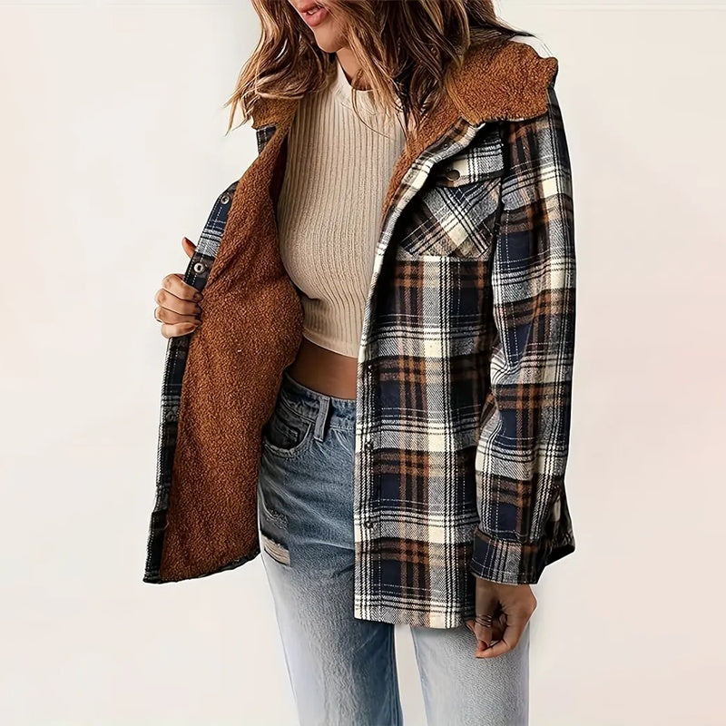 Chaqueta de manga larga a cuadros con botones para mujer