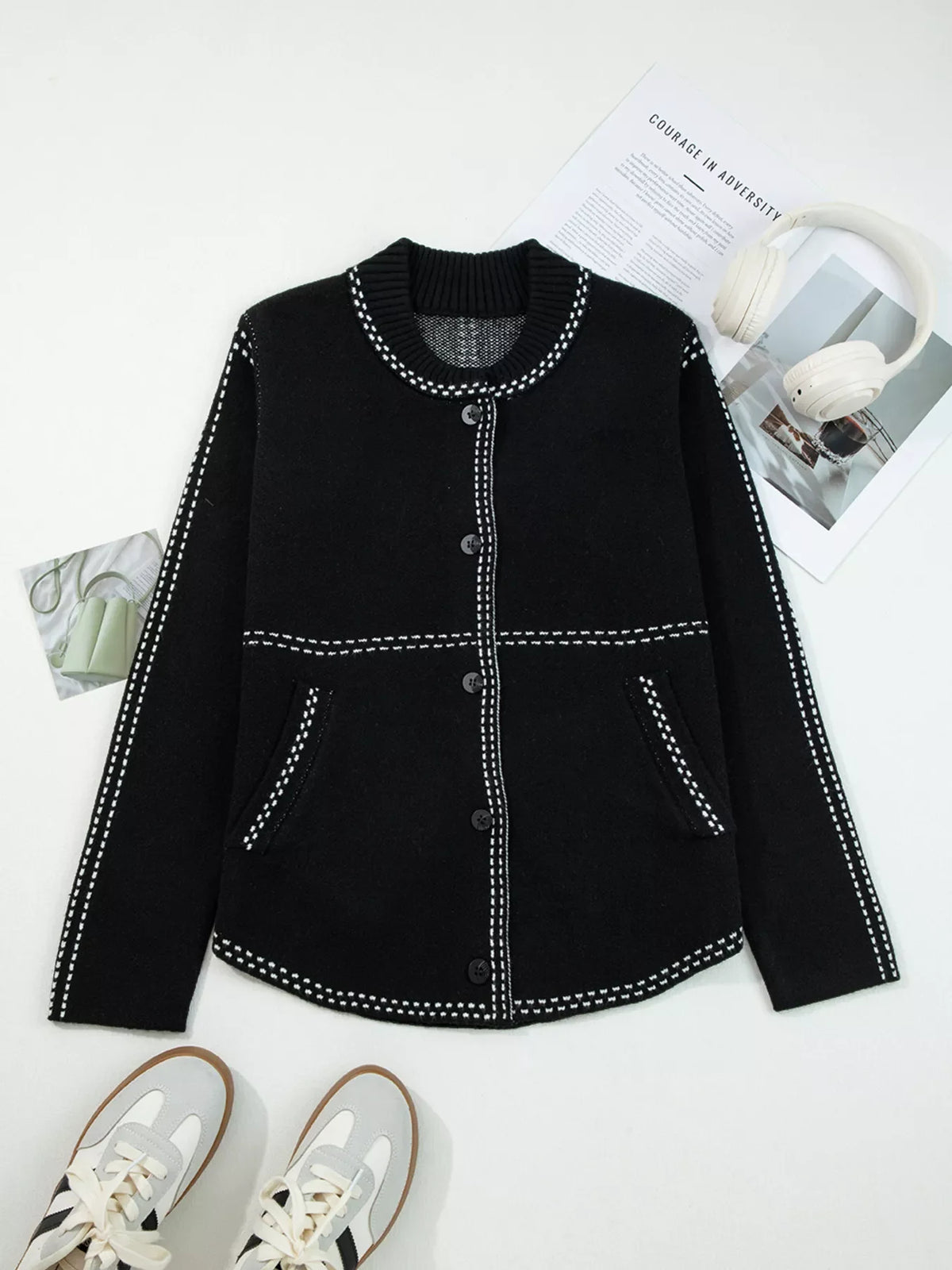 Contrast Trim Button up Sweater Cardigan