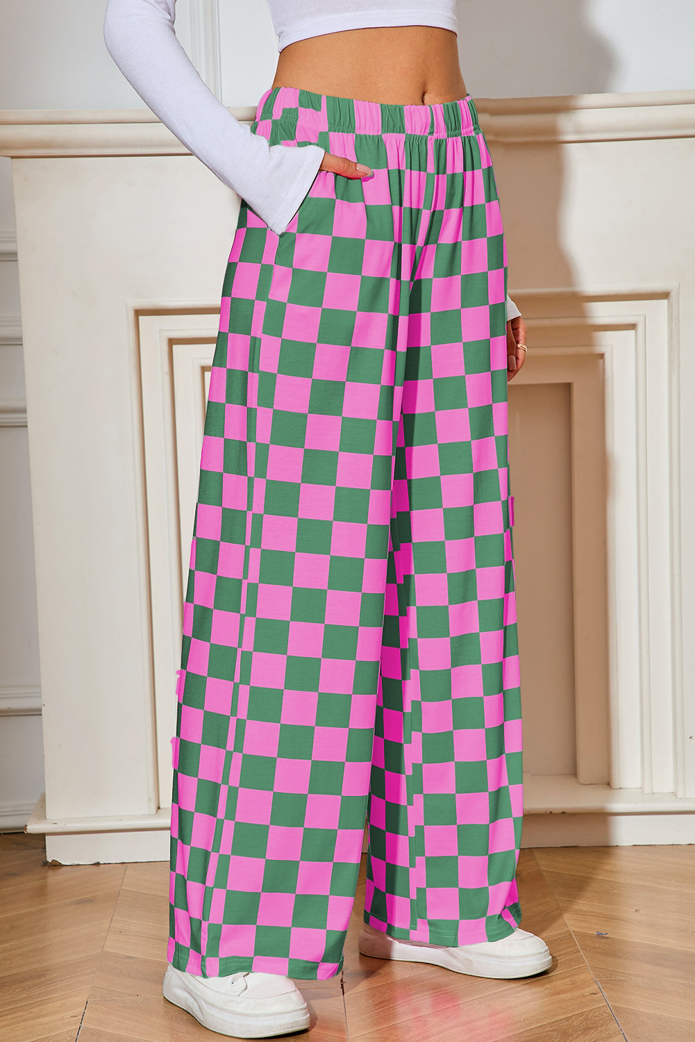 Pantalones de pata ancha de talle alto con estampado a cuadros verdes
