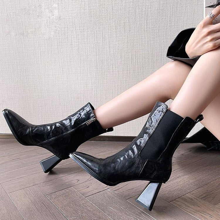 Women's Square Head Boots With Chunky Heels
