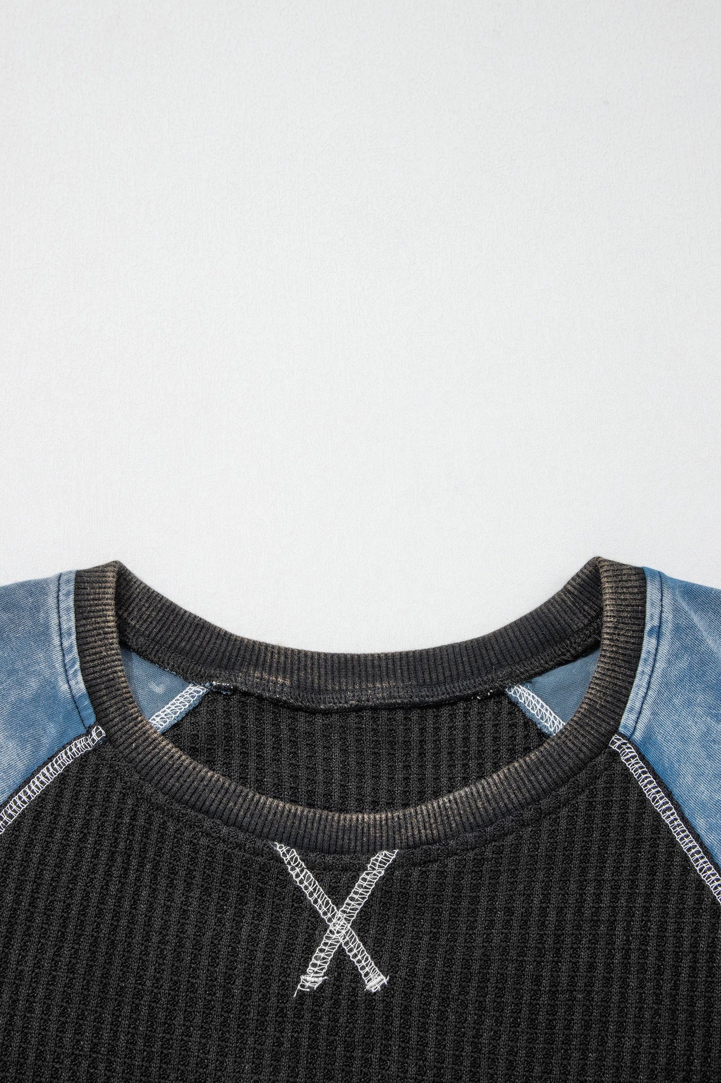 Carbon Grey Waffle Knit Seam Detail Color Block Patchwork Short Sleeve Top