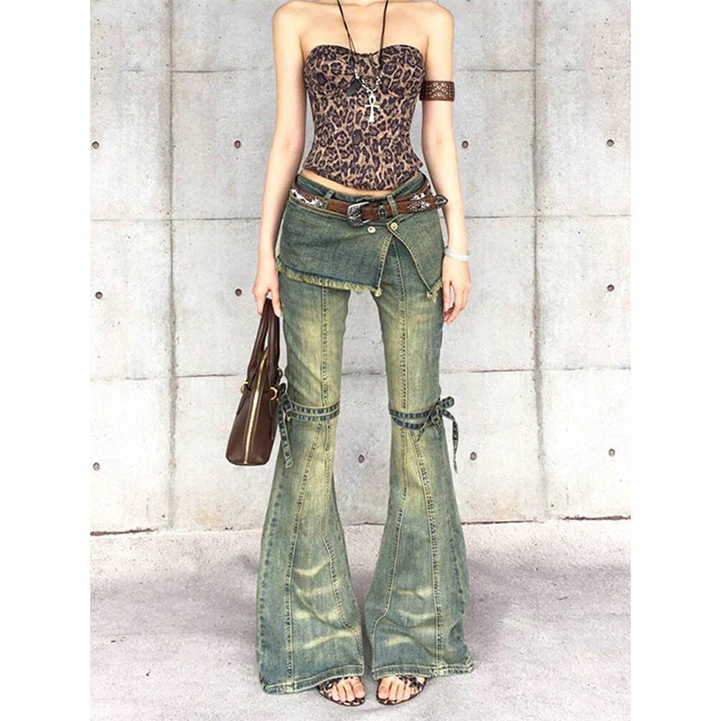 Womens Distressed Lace-up Vintage-style American Denim Jeans