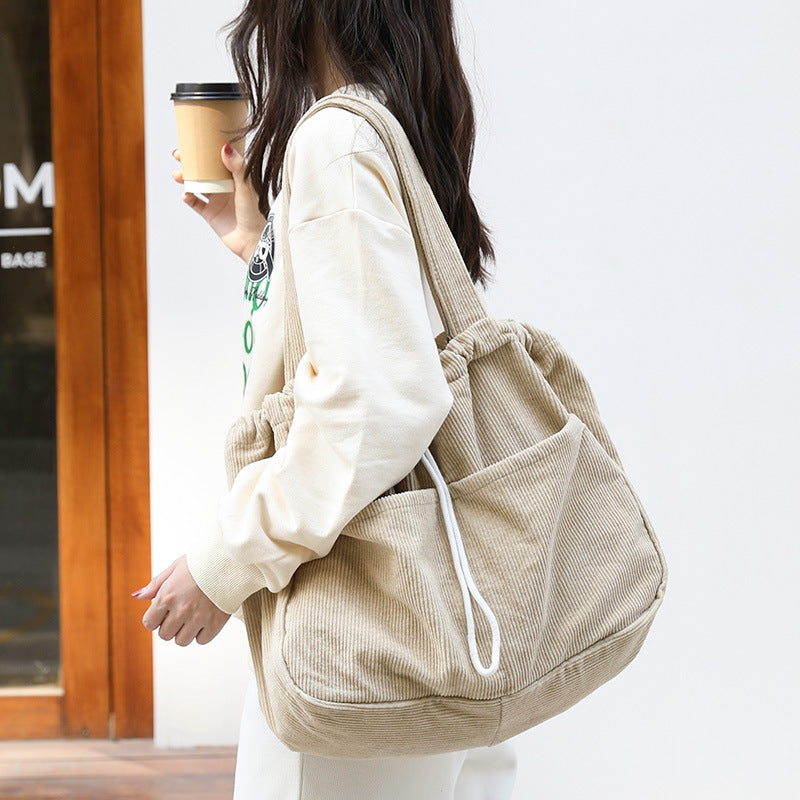 Women's Corduroy Drawstring Shoulder Bag Travel Bag