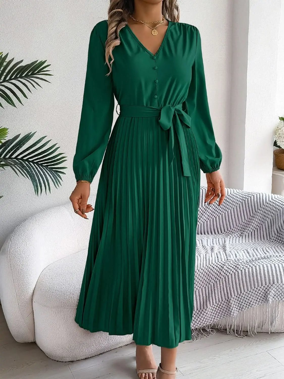 Dresses Trendsi V-Neck Dress Women's Elegant Long Sleeve Sheer Tie Dress Fashion