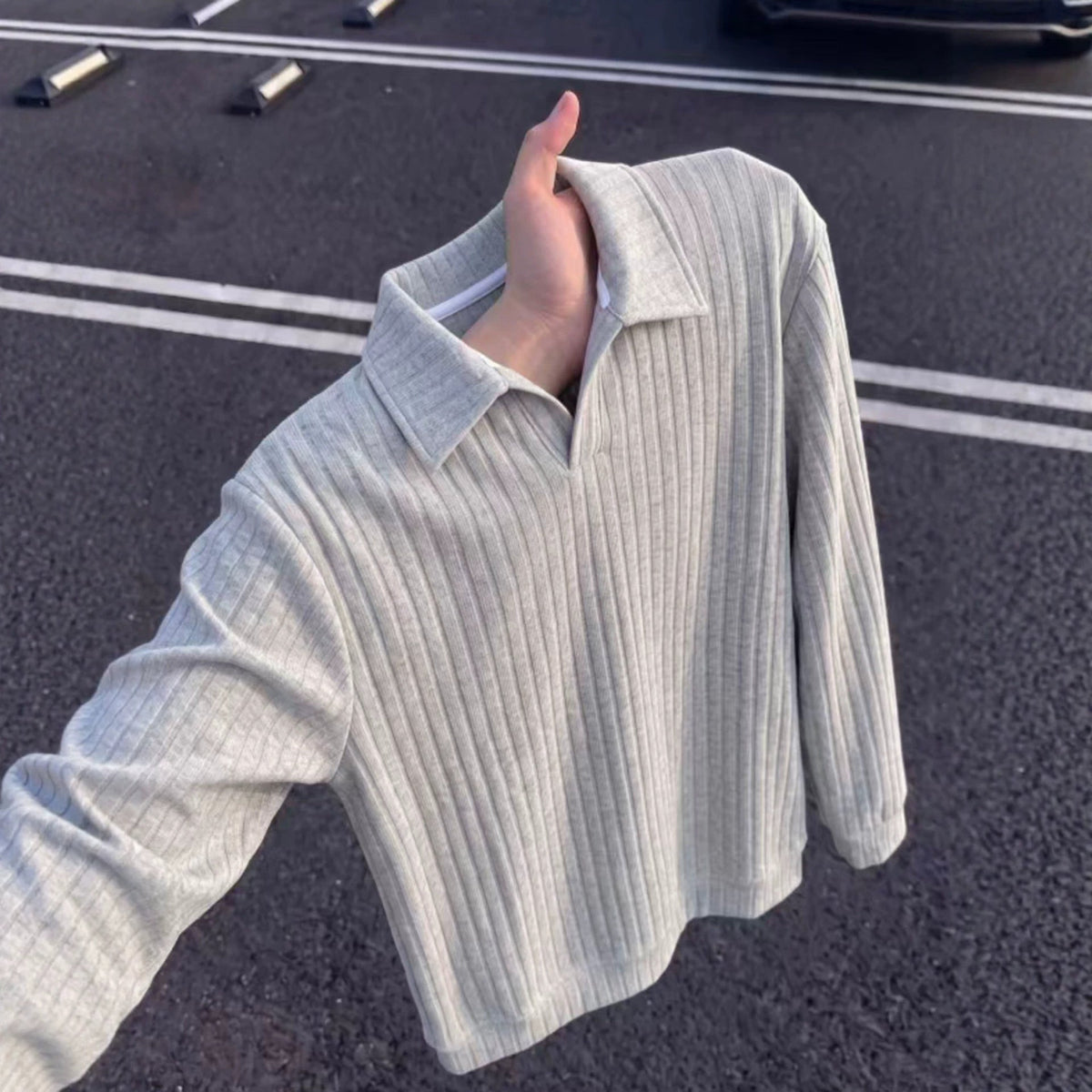 Old-money-style Vertical-striped Knit Mens American-style Long-sleeve Sweatshirt