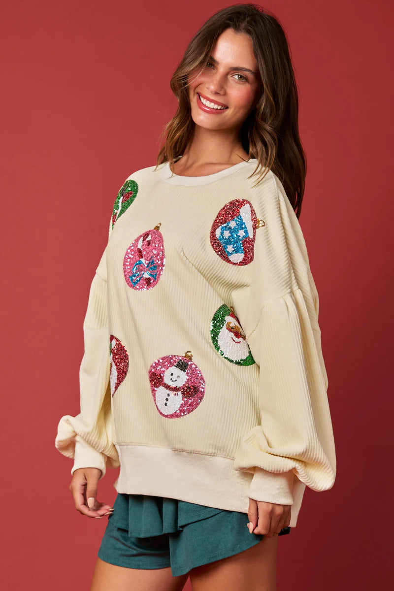 Blusa tipo sudadera holgada de manga larga con lentejuelas de huevo de Navidad para mujer