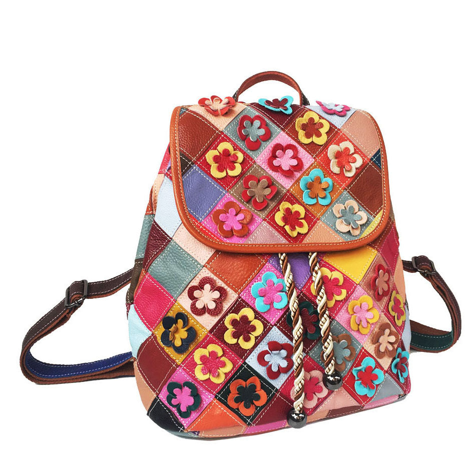 Stitching Rhombus Retro Women's Bag Leather Backpackage Backpack See size chart under “more details”