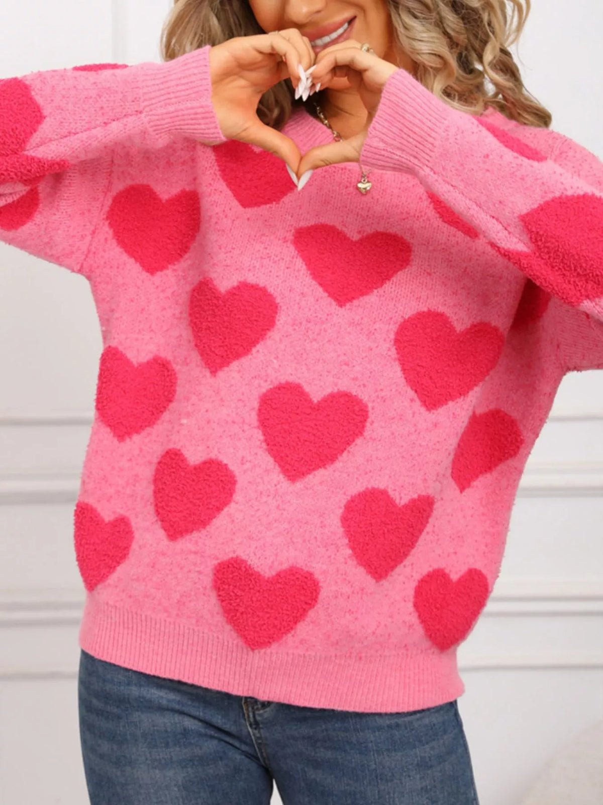 Valentine's Day Heart Pattern Round Neck Sweater