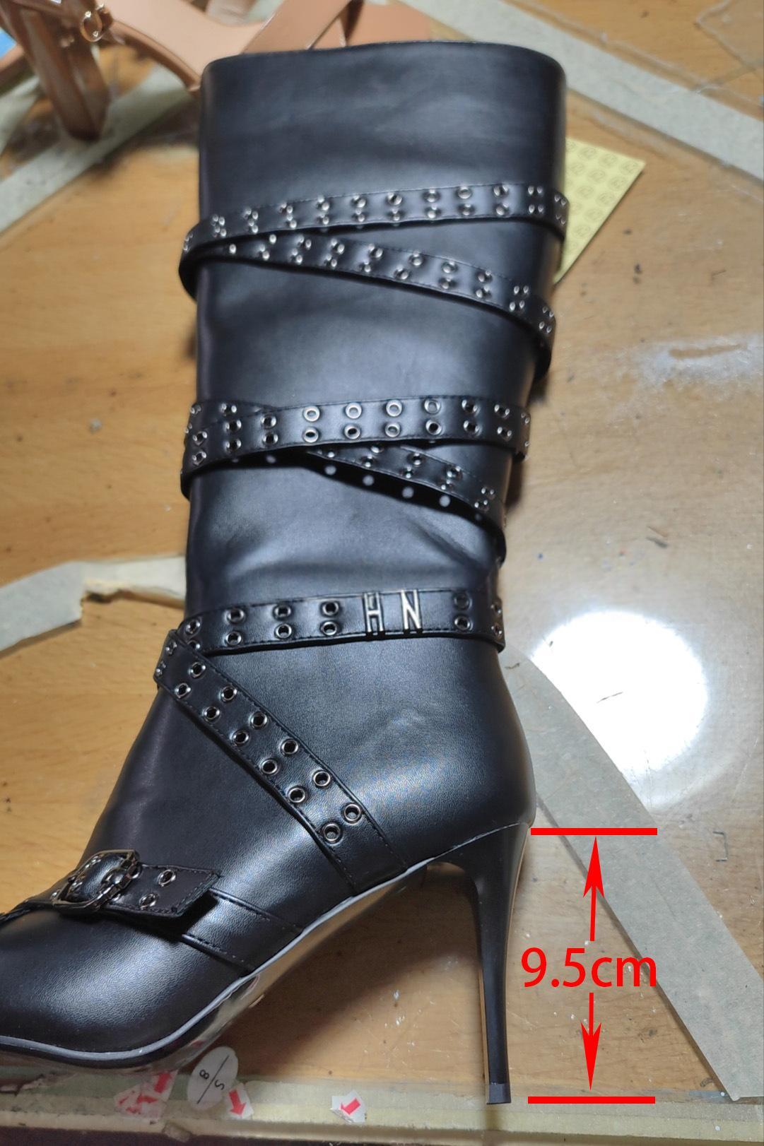 Strap-detail Pointed-toe Studded High-heeled Over-the-knee Boots For Women