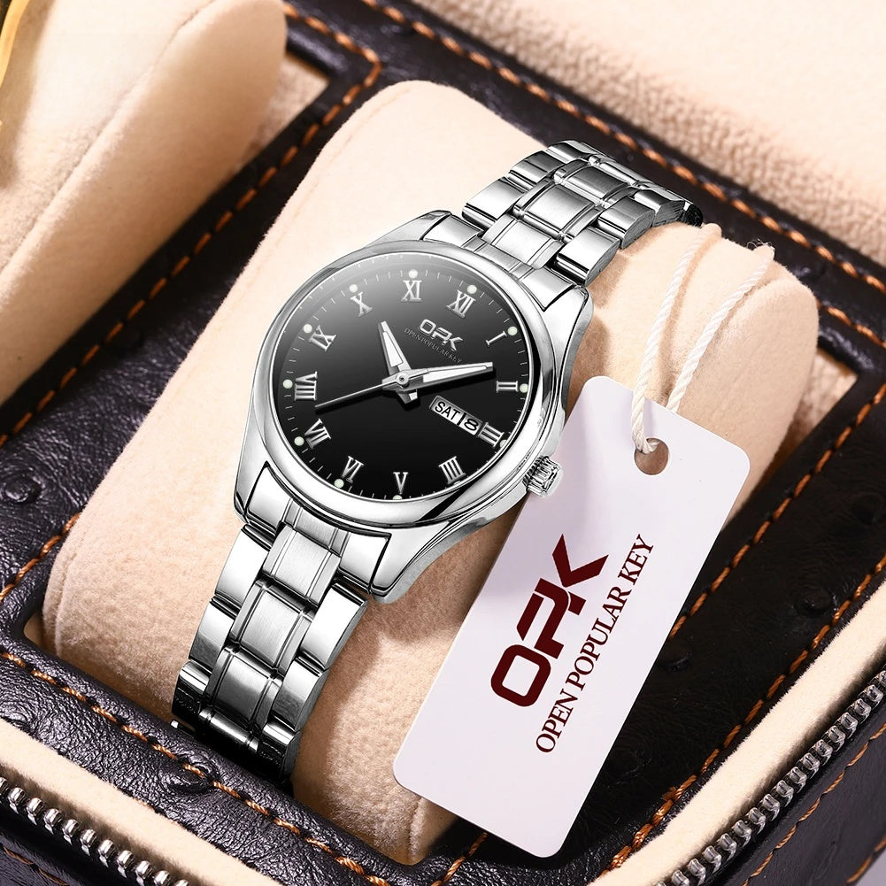 Women's 28mm Roman Numeral Day-Date Quartz Watch, Steel Bracelet