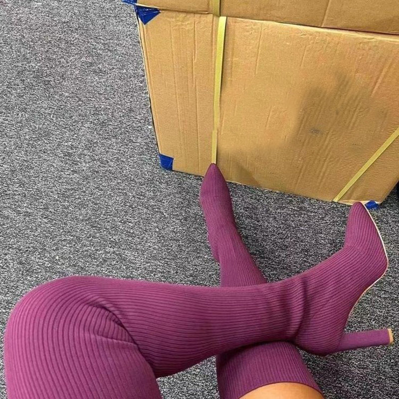 Women's Over-the-Knee Pointed-Toe High-Heel Knit Boots