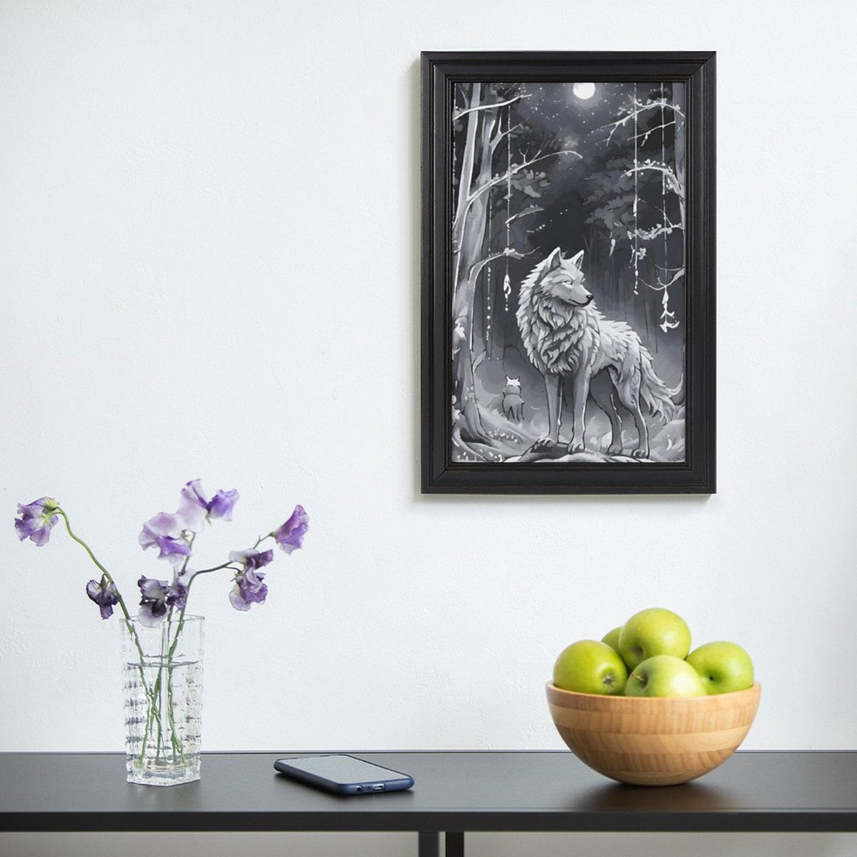 Ethereal Wolf in the Moonlight Framed Vertical Canvas Wall Art Print - 16" × 24"