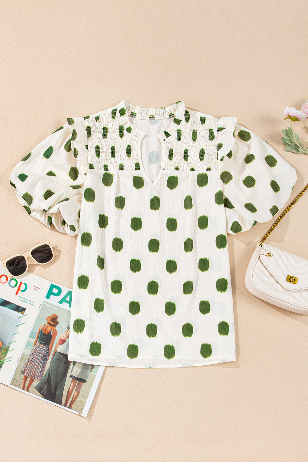 Rose Polka Dot Print Shirred Notched Neck Puff Sleeve Blouse