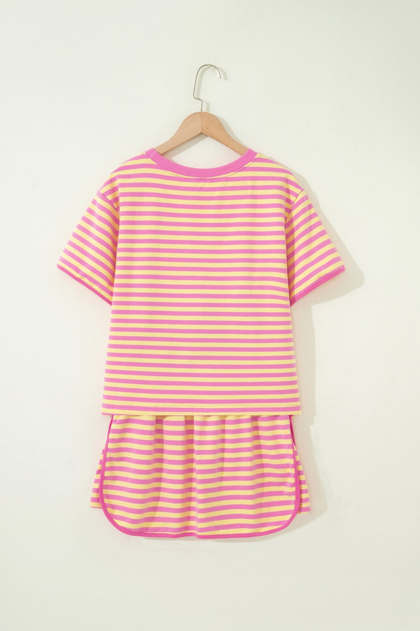 Pink Stripe Loose Short Sleeve Top and Skirt Set