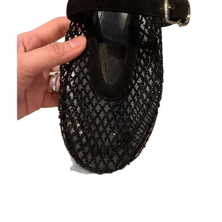 Sparkling Rhinestone Hollow-out Fishnet Mary Jane Sandals
