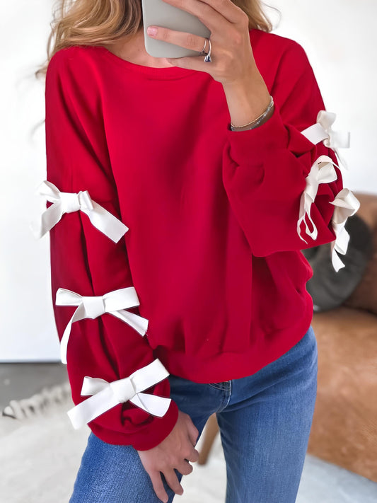 Sudadera de manga larga con cuello redondo y lazo en contraste