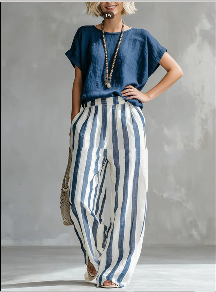 Short-sleeved Trousers Suit Summer Fashion Round Neck Pullover T-Shirt And Striped Print Straight Leg Pants Two-Piece Clothing For Women