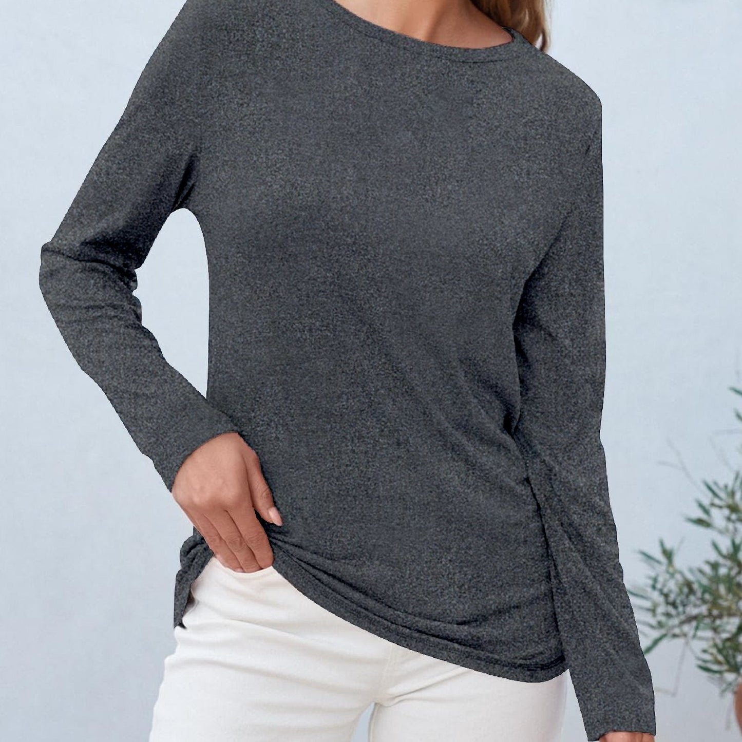 Camiseta de manga larga con cuello redondo, elástica y transpirable para mujer -