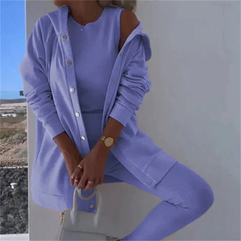 Conjunto de tres piezas de chaleco, pantalón y sudadera con capucha de ocio y deporte de moda femenina. Ver tabla de tallas en "más detalles".