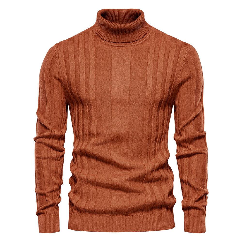 New Men's High-Neck Casual Knit Warm Base Sweater, Solid Color Pullover, Plus Size Slim Fit