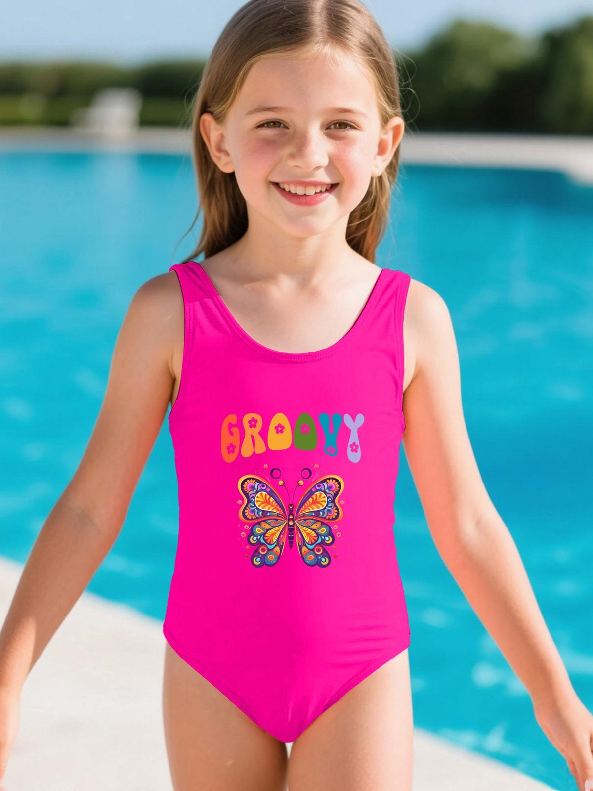 Groovy Butterfly Girls' Summer One-Piece Swimsuit (Front Printing)