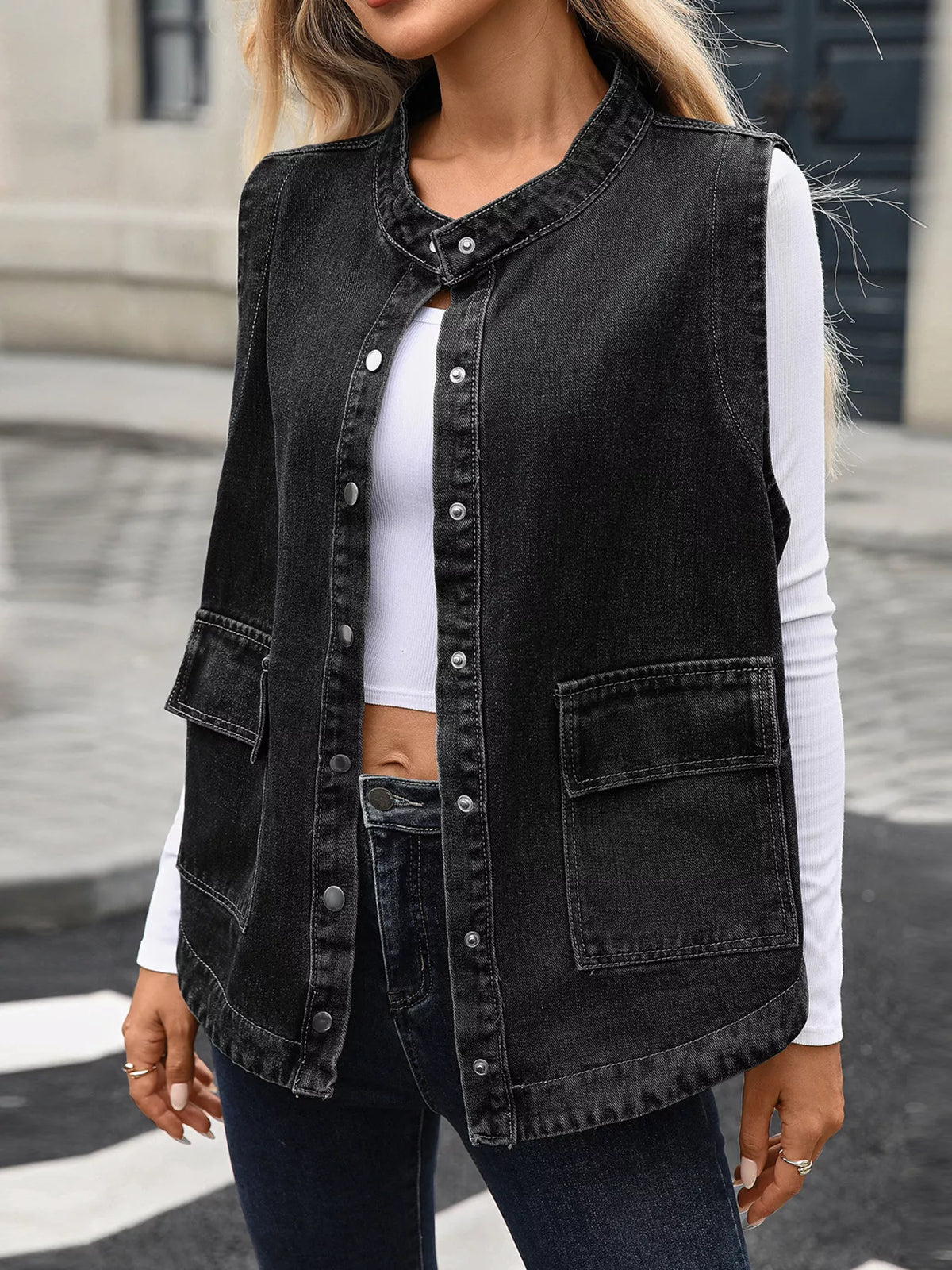 Snap Down Sleeveless Denim Jacket