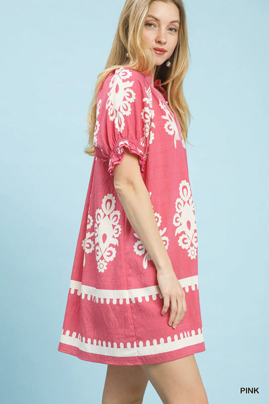Umgee Two Tone Border Print Mini Dress in Pink