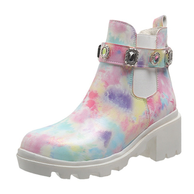 Botines de tacón grueso con diamantes de imitación de moda euroamericana. Consulta la tabla de tallas en "más detalles".