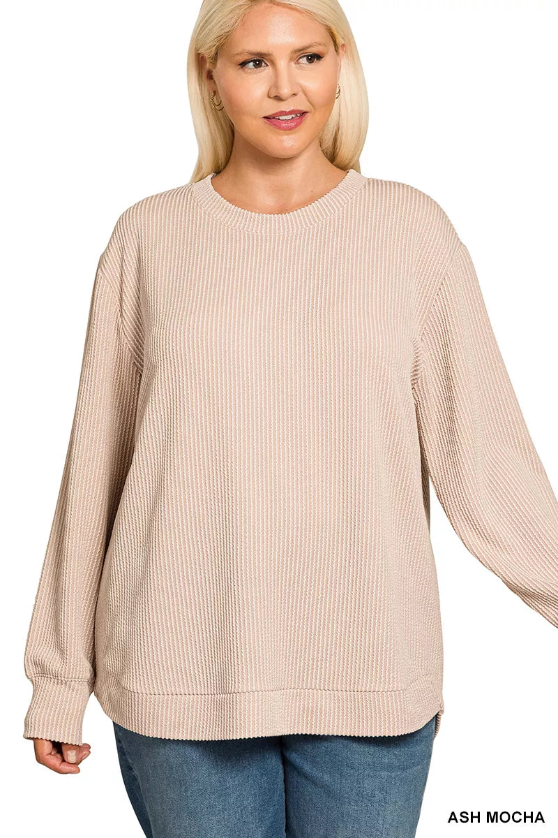 Zenana Top de manga larga con cuello redondo y canalé elevado de talla grande