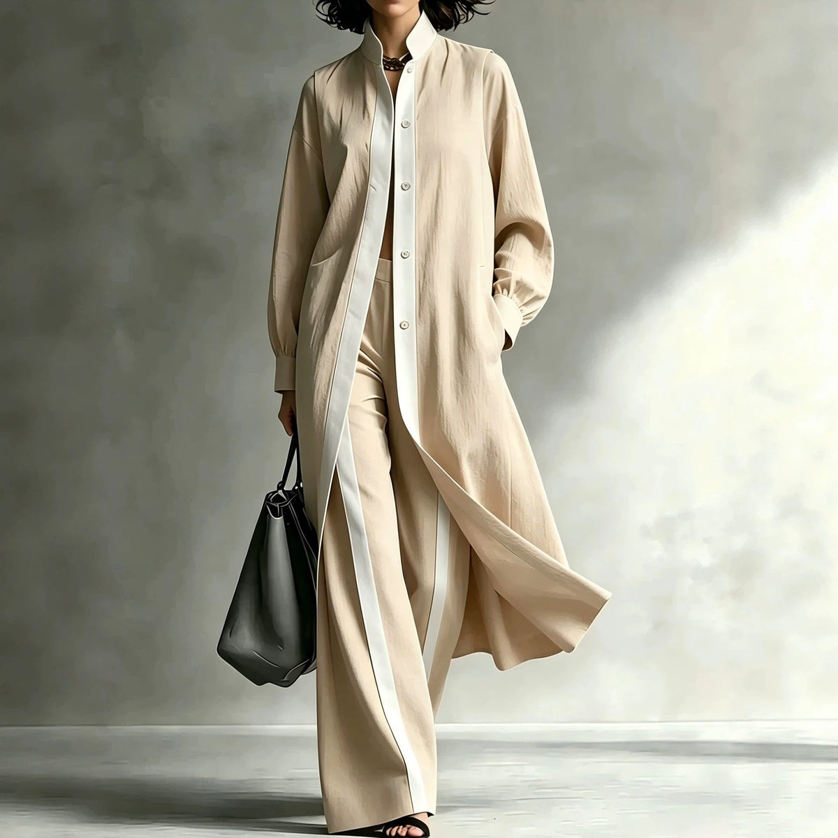 Womens Color-Block Loose-Fit Fashion Long-Sleeve Coat And Pants Set