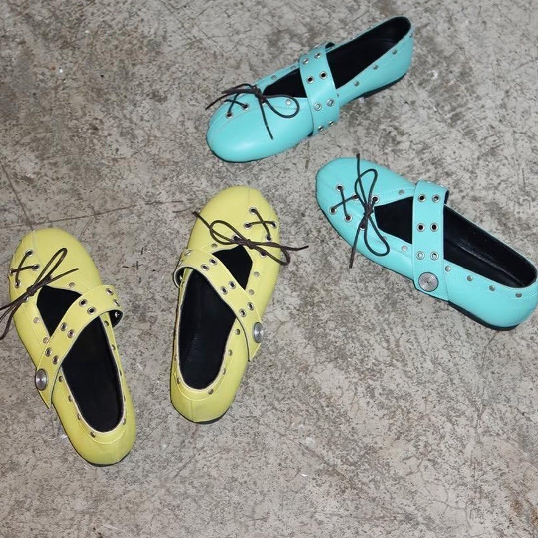 Rivet-strap Ballet Flats For Women Flat-soled Round-toe Mary Jane Leather Shoes