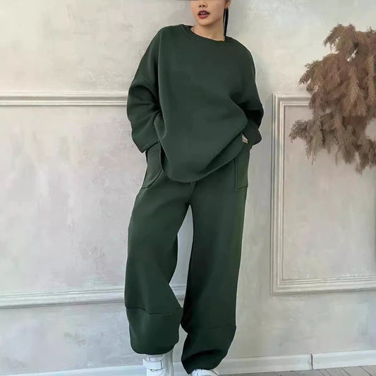 Traje de pantalón y suéter de manga larga con cuello redondo informal para mujer, otoño e invierno