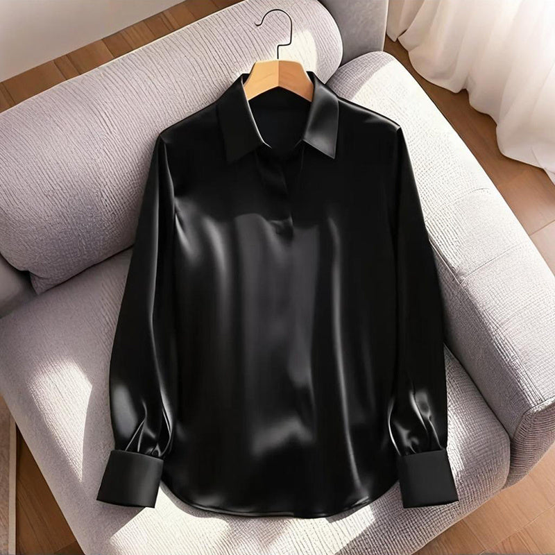 Blusa informal de negocios con cuello en V para mujer – Camisa de manga larga de corte relajado