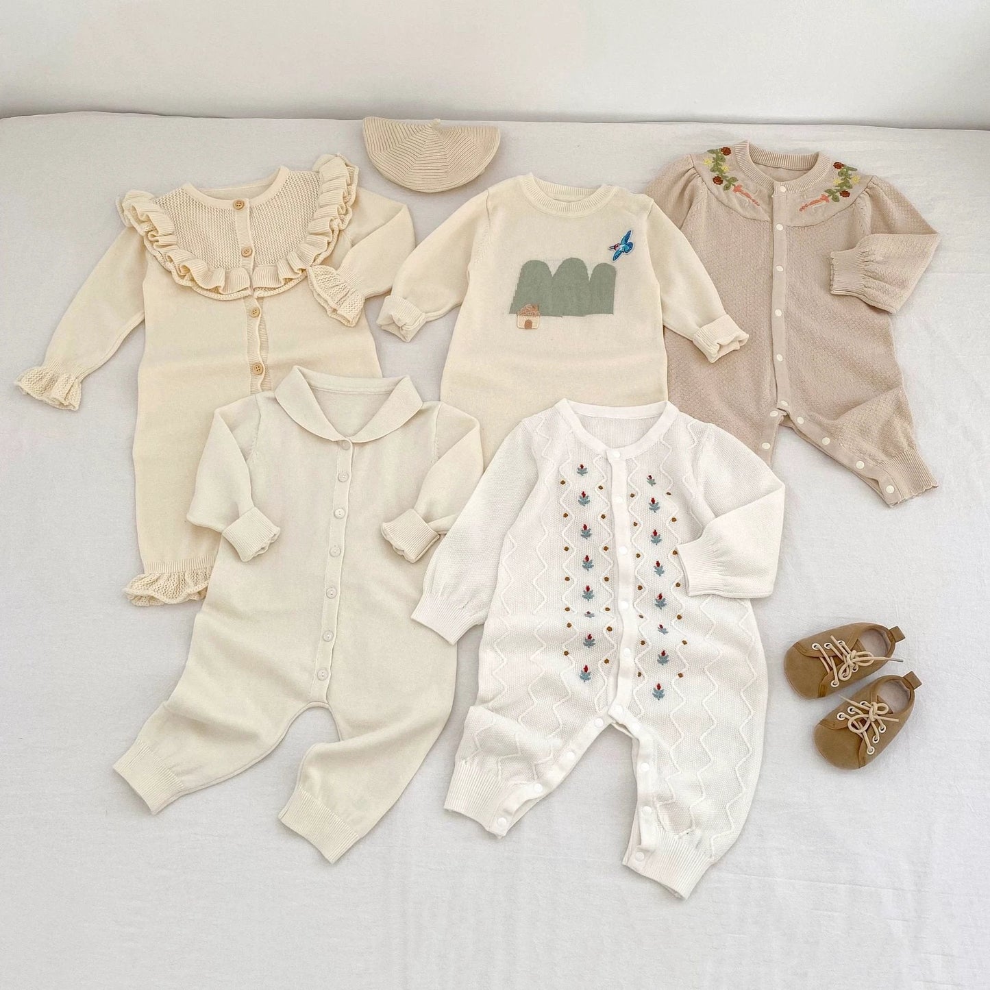 Baby Girl Round Neck Ruffled Stitching Long Climbing Fashionable Stylish Solid Color Jumpsuit