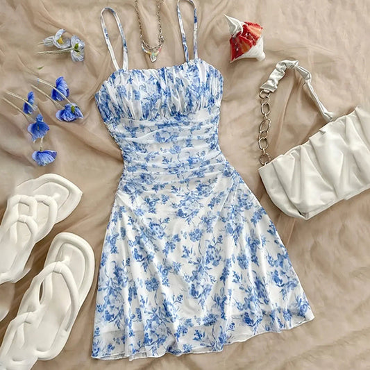 Minivestido bohemio floral con tirantes finos - Vestido de verano fruncido con volantes para vacaciones