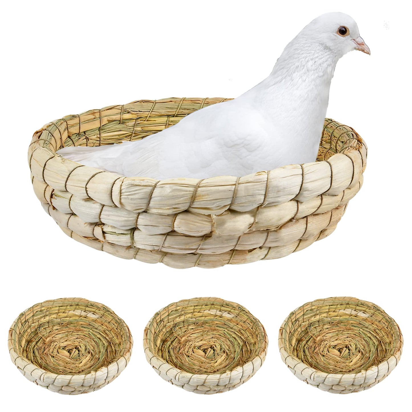 Aemygo 4 Pcs Bird Nest Handmade Woven Small Animal Breeding Nest Bed with Corn Leaves Flat Base Natual Straw Bird House Cage Accessories for Dove Pigeon Parrot Sparrow